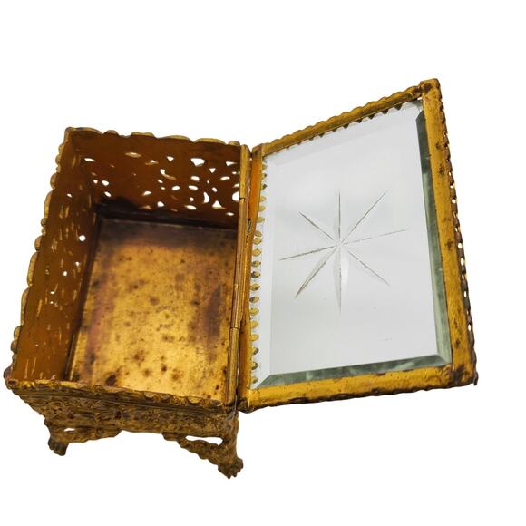 Antique Ormolu Jewelry Casket Box Beveled Glass Victorian Gilt Trinket Filigree - Picture 6 of 16